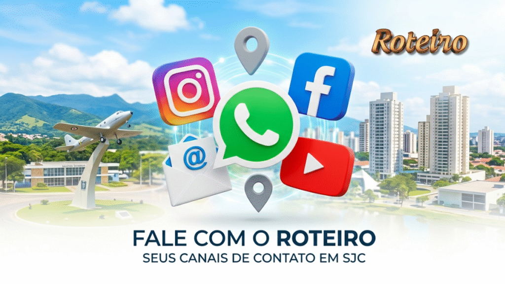 Imagem com montagem de logos de redes sociais em 3D sobre cenário urbano de São José dos Campos. No topo, logo do Portal Roteiro SJC. Abaixo, frase chamativa convidando para contato.