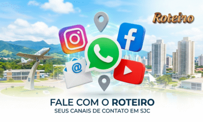 Imagem com montagem de logos de redes sociais em 3D sobre cenário urbano de São José dos Campos. No topo, logo do Portal Roteiro SJC. Abaixo, frase chamativa convidando para contato.