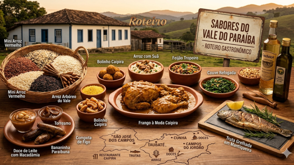 Ilustração dos sabores do Vale do Paraíba com frango caipira, feijão tropeiro, truta grelhada e mapa gastronômico da região com SJC, Taubaté e Campos do Jordão