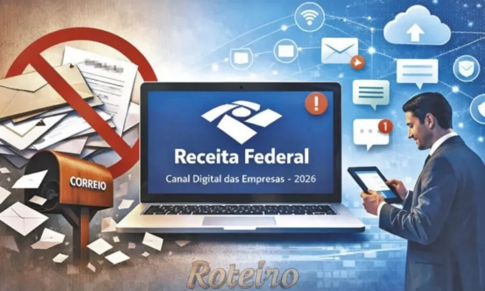 imagem de um notebook com a logo da receita federal, caixa de correio e cartas