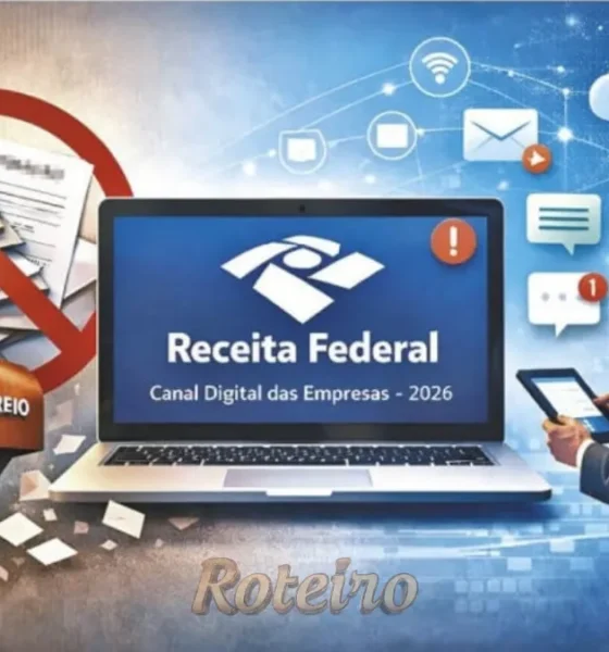 imagem de um notebook com a logo da receita federal, caixa de correio e cartas