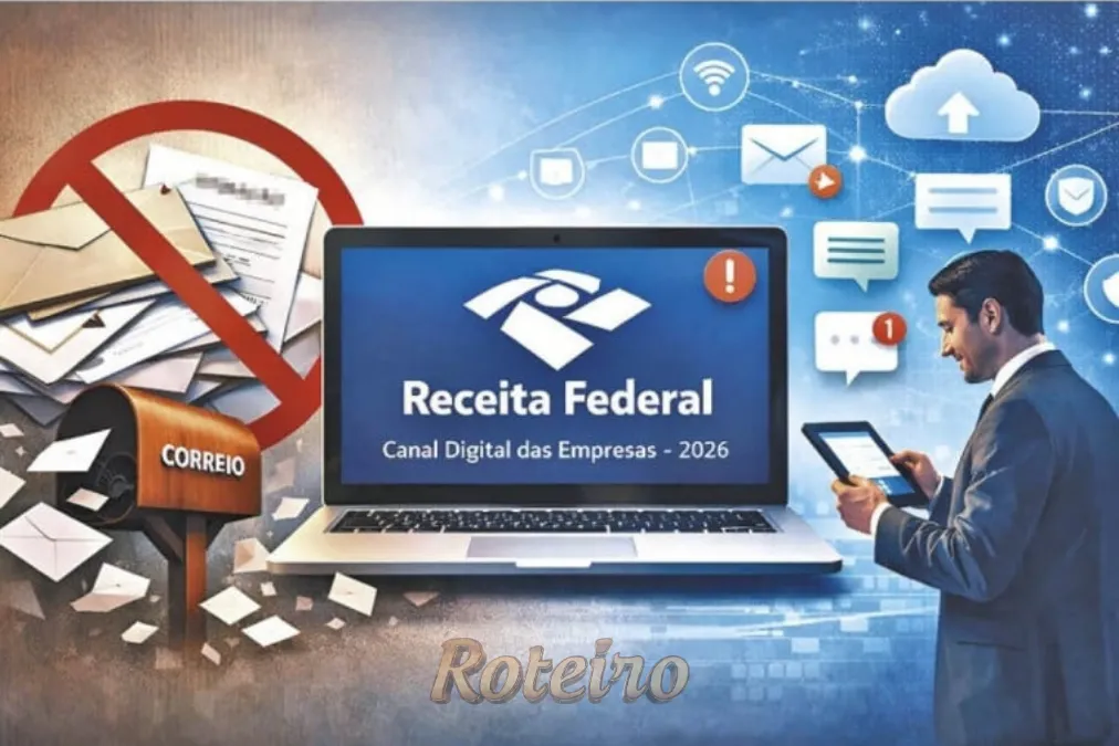 imagem de um notebook com a logo da receita federal, caixa de correio e cartas