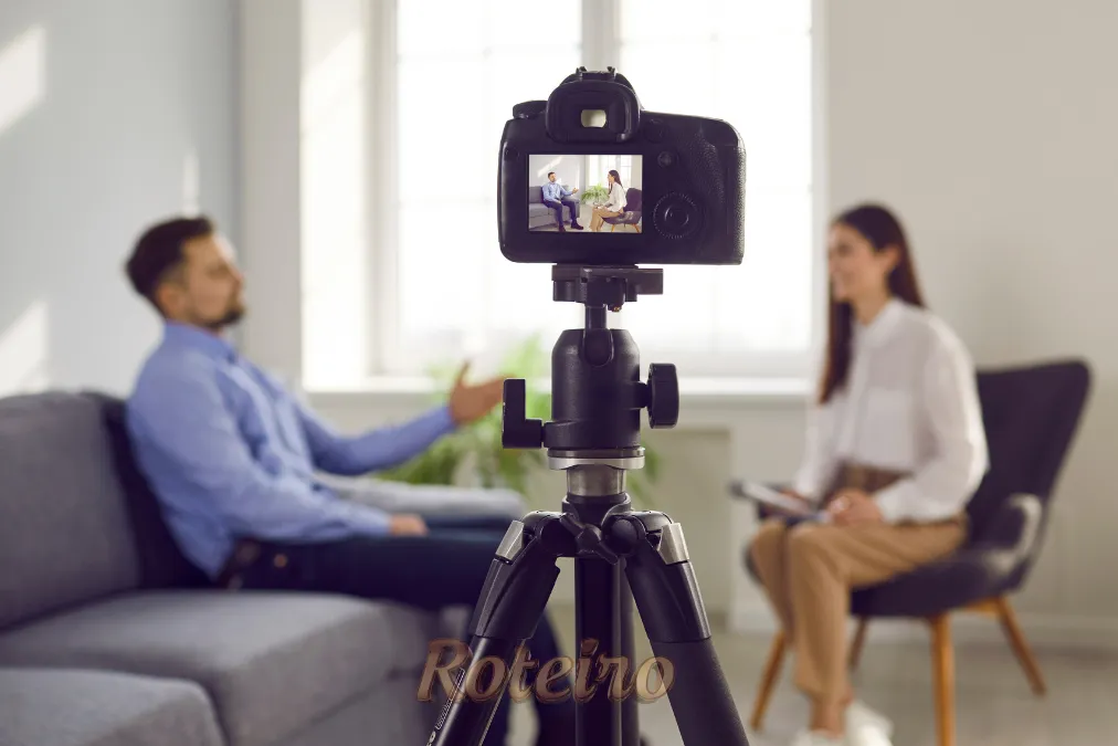 Jornalista entrevistando em uma sala com celular para trabalho multimídia