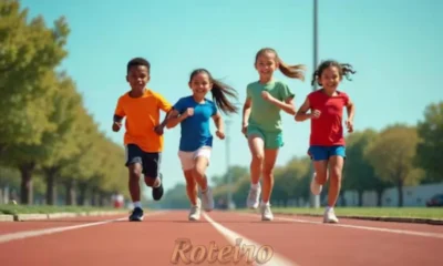 quatro crianças correndo em uma pista