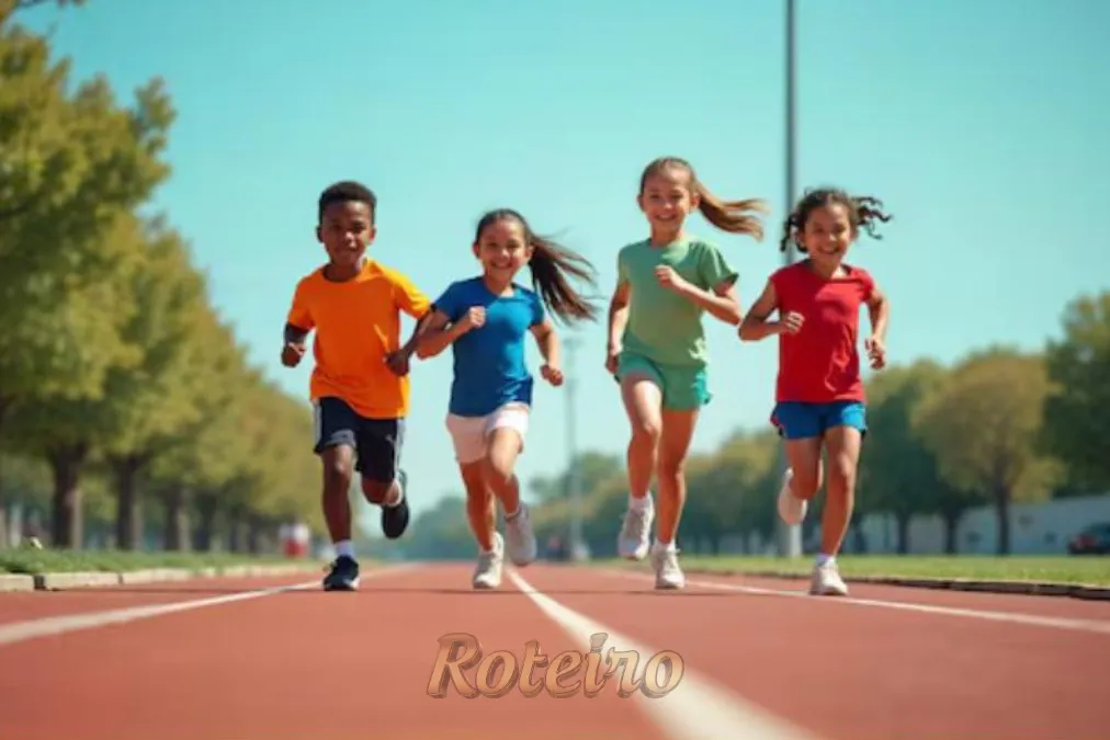 quatro crianças correndo em uma pista