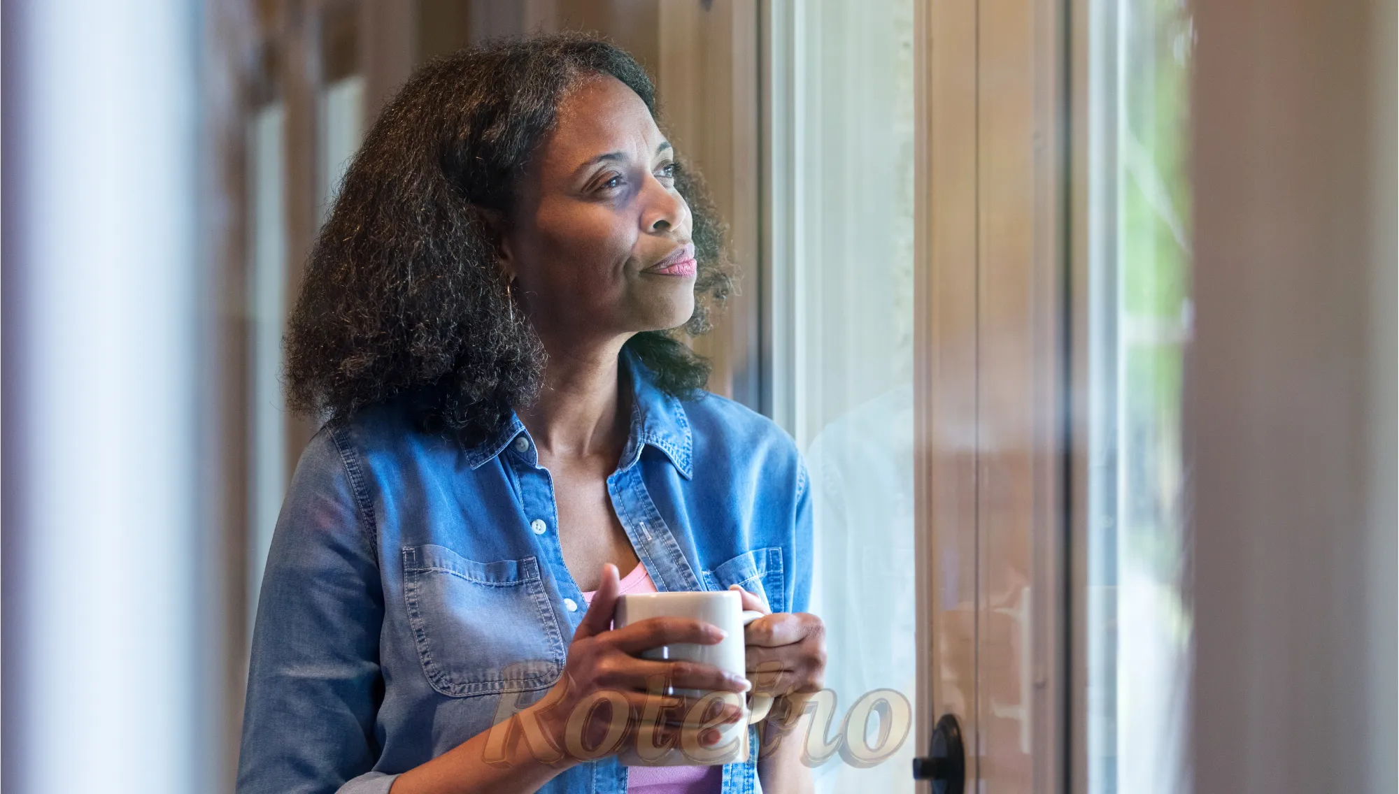 mulher com uma xicara na mão olhando pela janela e pensativa