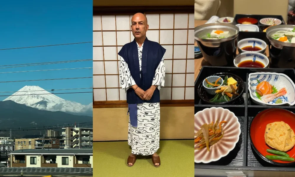 Composição de fotos: monte funji, reginaldo fonseca vistido a carater, comidas orientais