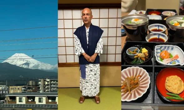 Composição de fotos: monte funji, reginaldo fonseca vistido a carater, comidas orientais