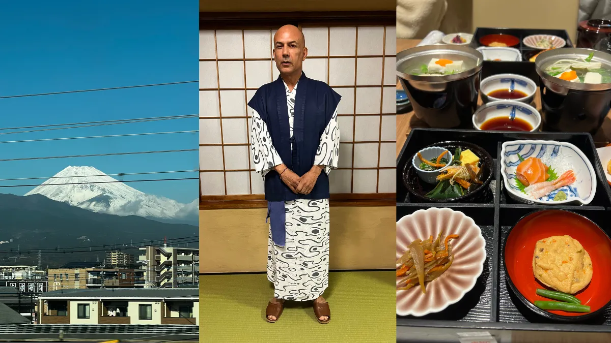 Composição de fotos: monte funji, reginaldo fonseca vistido a carater, comidas orientais