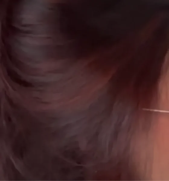 Resultado de transformação capilar: Giovanna Marcondes exibe cabelos pretos com mechas vermelhas vibrantes e saudáveis, realizado pela visagista Elaine Ramalho em São José dos Campos.