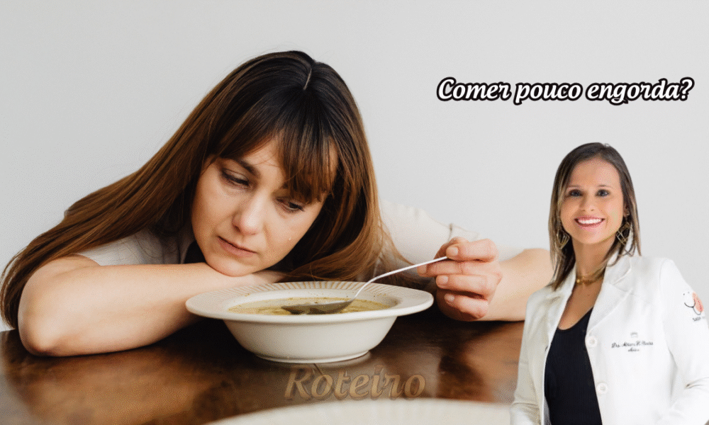 mulher comendo pouco e triste, pensando comer pouco engorda? Como pouco e engordei