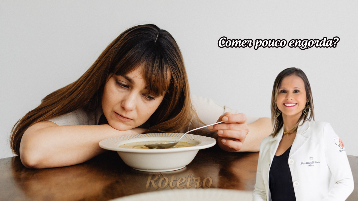 mulher comendo pouco e triste, pensando comer pouco engorda? Como pouco e engordei