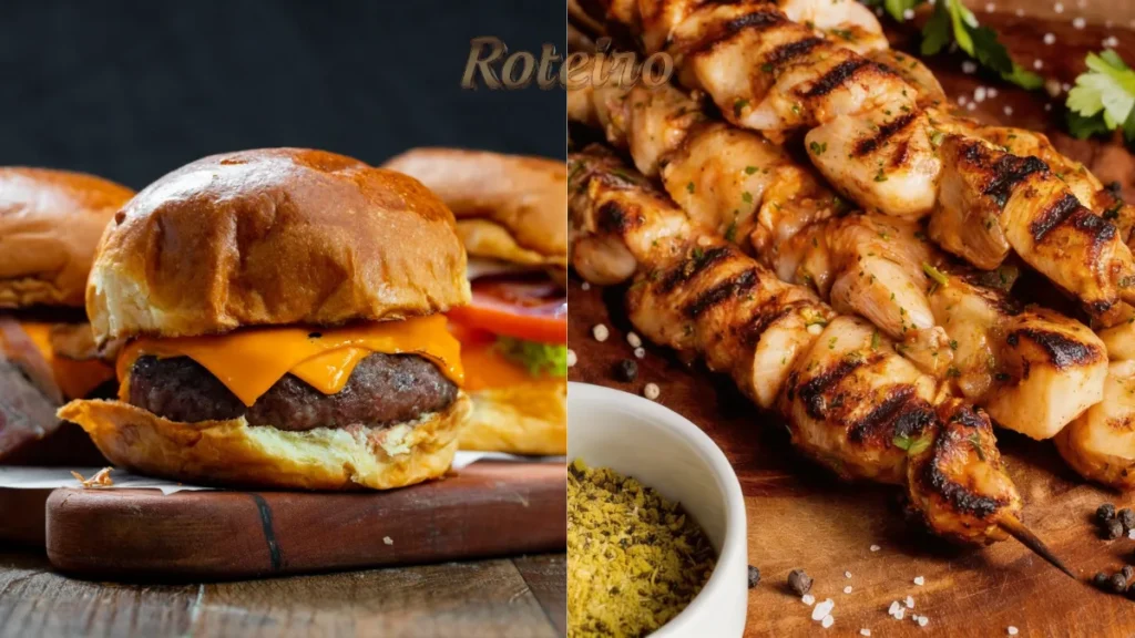 Hamburguer artesanal suculento e espetinho de frango com farofa Majestade em evento no Shopping Jardim Oriente SJC.