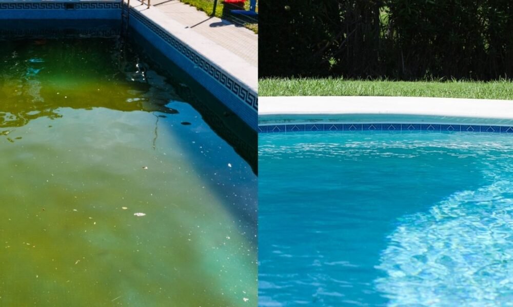 Comparação entre uma piscina com água verde, sem tratamento, e uma piscina limpa e cristalina após o tratamento especializado da Hidrogás Piscinas, em São José dos Campos.