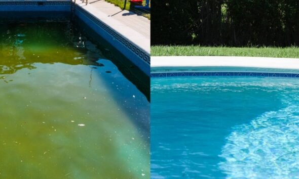 Comparação entre uma piscina com água verde, sem tratamento, e uma piscina limpa e cristalina após o tratamento especializado da Hidrogás Piscinas, em São José dos Campos.