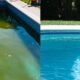 Comparação entre uma piscina com água verde, sem tratamento, e uma piscina limpa e cristalina após o tratamento especializado da Hidrogás Piscinas, em São José dos Campos.