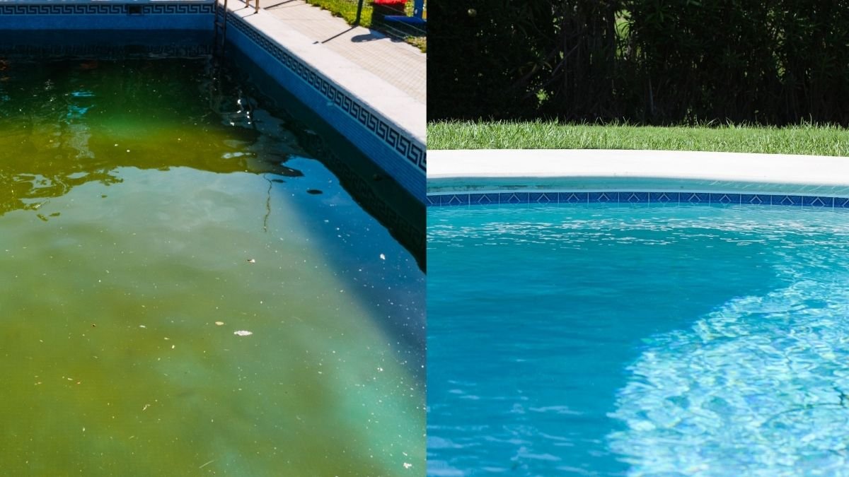 Comparação entre uma piscina com água verde, sem tratamento, e uma piscina limpa e cristalina após o tratamento especializado da Hidrogás Piscinas, em São José dos Campos.