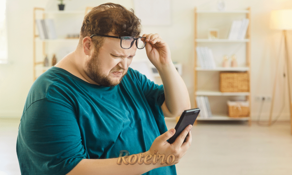 Homem obeso olha para a tela do celular com expressão de dúvida e estranhamento. Foto de capa para matéria sobre os cuidados no Dia Mundial da Obesidade.