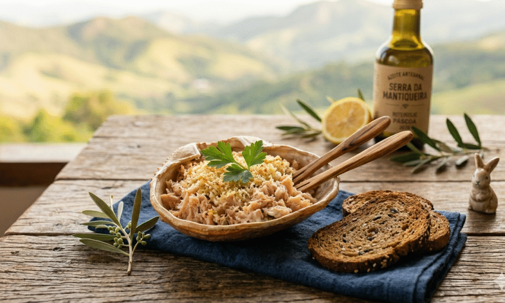 Close-up de casquinha de truta defumada gratinada servida com torradas crocantes e azeite regional, ilustrando a entrada de Páscoa do RoteiroSJC.