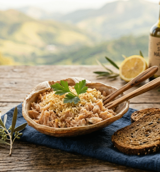 Close-up de casquinha de truta defumada gratinada servida com torradas crocantes e azeite regional, ilustrando a entrada de Páscoa do RoteiroSJC.