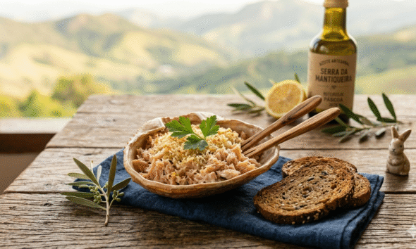 Close-up de casquinha de truta defumada gratinada servida com torradas crocantes e azeite regional, ilustrando a entrada de Páscoa do RoteiroSJC.