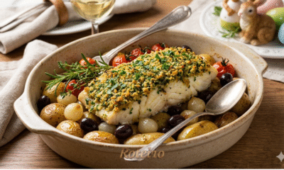 Foto em close-up de um lombo de bacalhau suculento saindo do forno com uma crosta dourada e texturizada de ervas frescas picadas, em um refratário de cerâmica rústica, acompanhado de batatas bolinha, cebolas e azeitonas pretas regadas a azeite.
