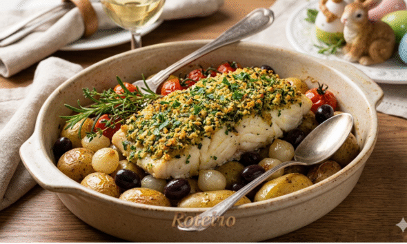 Foto em close-up de um lombo de bacalhau suculento saindo do forno com uma crosta dourada e texturizada de ervas frescas picadas, em um refratário de cerâmica rústica, acompanhado de batatas bolinha, cebolas e azeitonas pretas regadas a azeite.