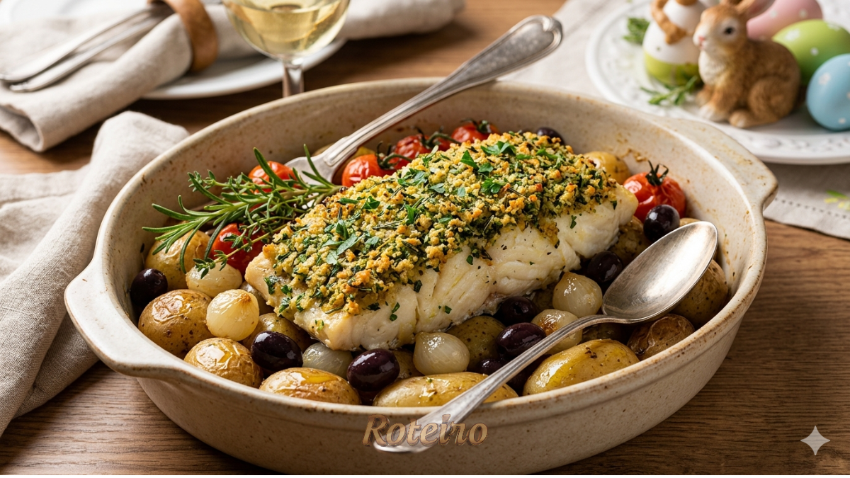 Foto em close-up de um lombo de bacalhau suculento saindo do forno com uma crosta dourada e texturizada de ervas frescas picadas, em um refratário de cerâmica rústica, acompanhado de batatas bolinha, cebolas e azeitonas pretas regadas a azeite.