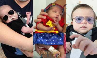 Bebês fantasiados Emanuel e João de Poderoso Chefinho e Ailla de Mulher Maravilha no mesversário da UTI Neonatal do Hospital Municipal SJC