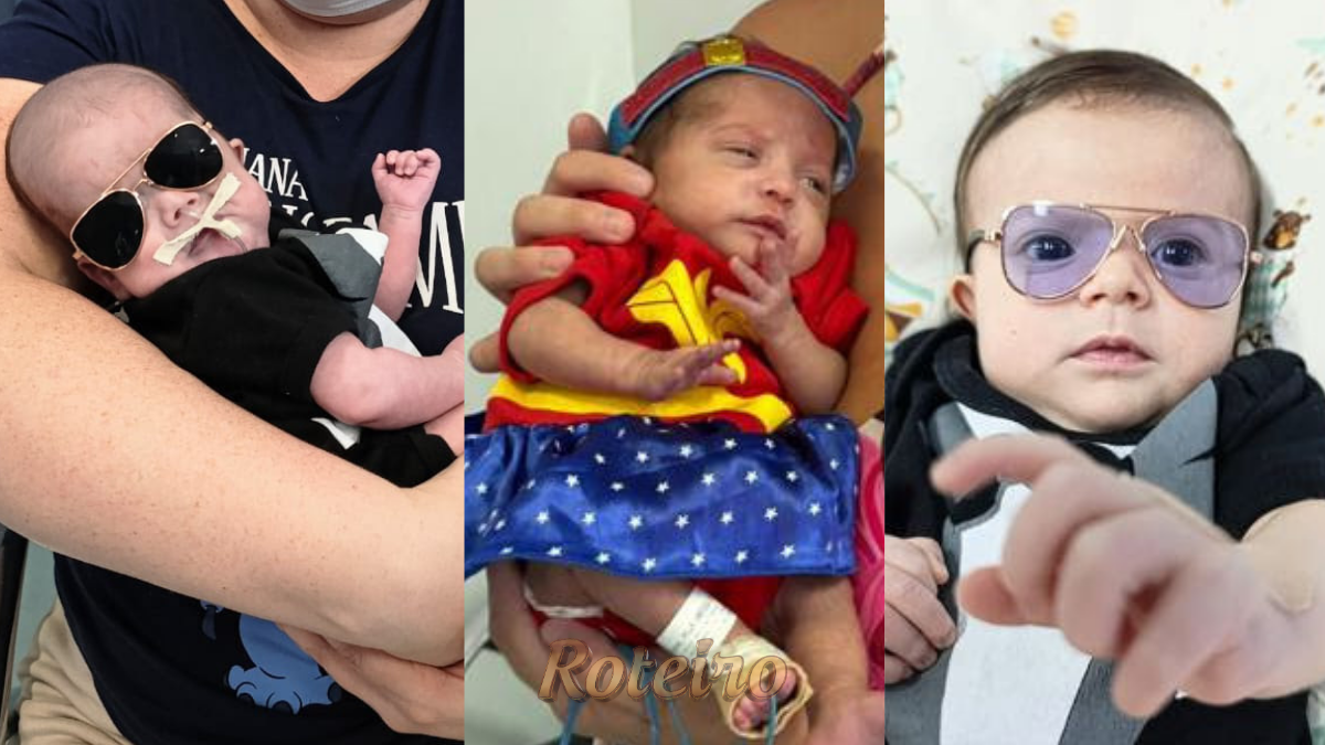 Bebês fantasiados Emanuel e João de Poderoso Chefinho e Ailla de Mulher Maravilha no mesversário da UTI Neonatal do Hospital Municipal SJC