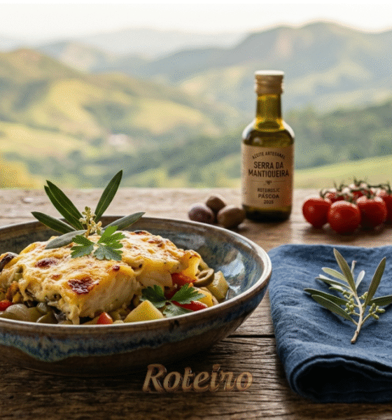 Mesa posta para almoço de Páscoa 2026 em família, com vista para a Serra da Mantiqueira e pratos da gastronomia regional, ilustrando a série especial do RoteiroSJC
