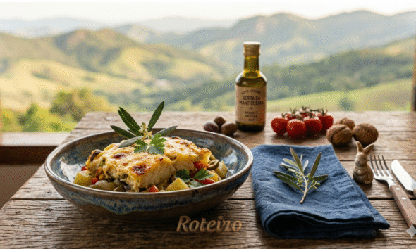 Mesa posta para almoço de Páscoa 2026 em família, com vista para a Serra da Mantiqueira e pratos da gastronomia regional, ilustrando a série especial do RoteiroSJC