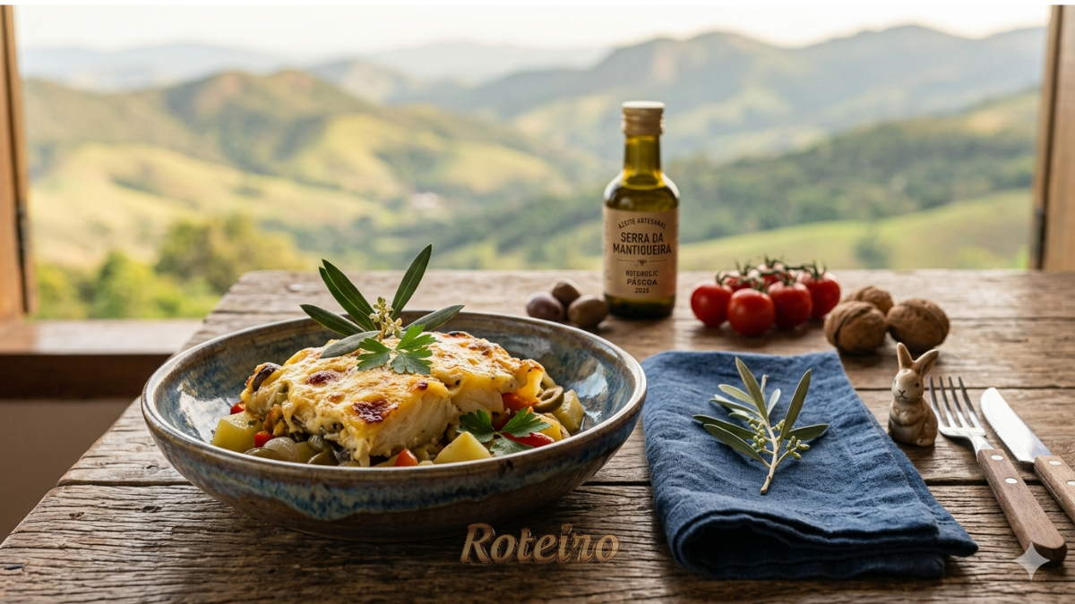 Mesa posta para almoço de Páscoa 2026 em família, com vista para a Serra da Mantiqueira e pratos da gastronomia regional, ilustrando a série especial do RoteiroSJC