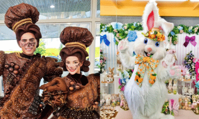 duas fotos do evento de 2025 com coelho e personagens