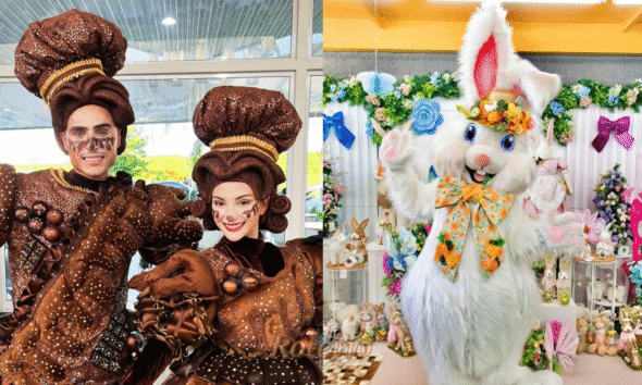 duas fotos do evento de 2025 com coelho e personagens