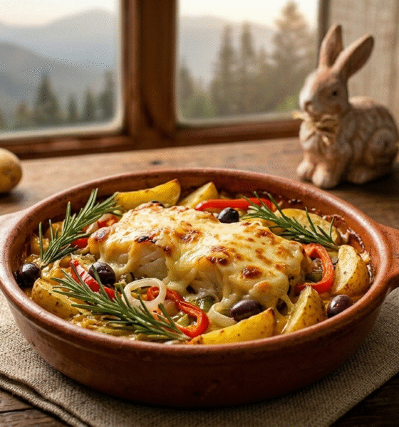 Fotografia gastronômica de um lombo de bacalhau gratinado com generosa camada de Queijo da Mantiqueira derretido, servido em uma travessa de barro com batatas rústicas, azeitonas e alecrim. A composição inclui elementos de Páscoa como um coelho de cerâmica e ovos coloridos sobre uma mesa de madeira. Ao fundo, uma janela revela a paisagem montanhosa da Serra da Mantiqueira sob a luz suave do entardecer, reforçando a identidade regional da receita