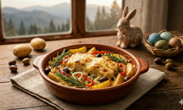 Fotografia gastronômica de um lombo de bacalhau gratinado com generosa camada de Queijo da Mantiqueira derretido, servido em uma travessa de barro com batatas rústicas, azeitonas e alecrim. A composição inclui elementos de Páscoa como um coelho de cerâmica e ovos coloridos sobre uma mesa de madeira. Ao fundo, uma janela revela a paisagem montanhosa da Serra da Mantiqueira sob a luz suave do entardecer, reforçando a identidade regional da receita