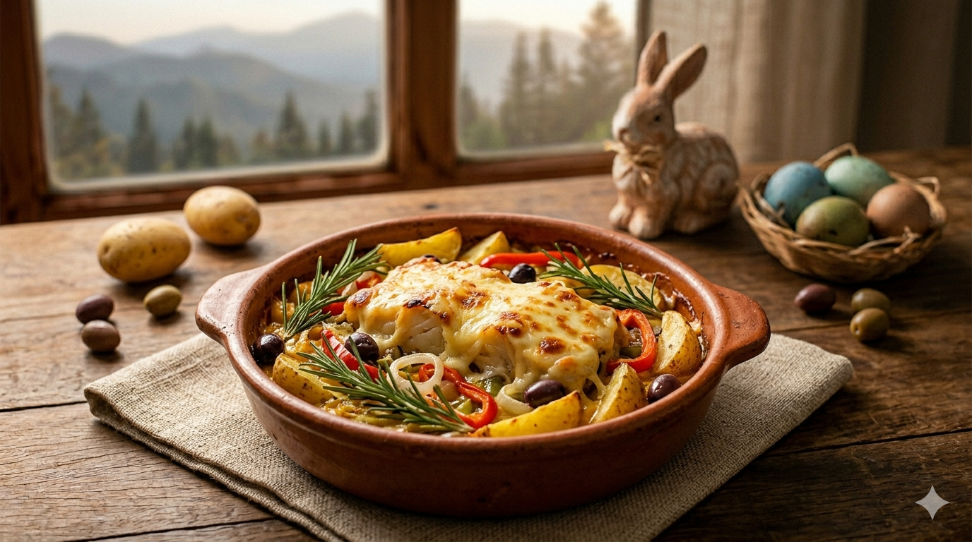 Fotografia gastronômica de um lombo de bacalhau gratinado com generosa camada de Queijo da Mantiqueira derretido, servido em uma travessa de barro com batatas rústicas, azeitonas e alecrim. A composição inclui elementos de Páscoa como um coelho de cerâmica e ovos coloridos sobre uma mesa de madeira. Ao fundo, uma janela revela a paisagem montanhosa da Serra da Mantiqueira sob a luz suave do entardecer, reforçando a identidade regional da receita