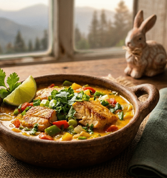 Fotografia gastronômica em close de uma Moquequinha de Truta Serrana servida em uma panela de barro tradicional sobre uma mesa de madeira rústica. O prato é decorado com fatias de limão e coentro fresco. Ao fundo, uma janela com vista para as montanhas da Serra da Mantiqueira e elementos decorativos de Páscoa, como um coelho de cerâmica e um ninho com ovos coloridos, mantendo a identidade visual das receitas de Páscoa do RoteiroSJC
