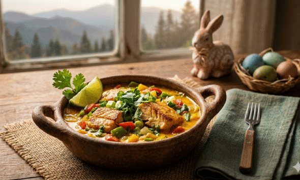Fotografia gastronômica em close de uma Moquequinha de Truta Serrana servida em uma panela de barro tradicional sobre uma mesa de madeira rústica. O prato é decorado com fatias de limão e coentro fresco. Ao fundo, uma janela com vista para as montanhas da Serra da Mantiqueira e elementos decorativos de Páscoa, como um coelho de cerâmica e um ninho com ovos coloridos, mantendo a identidade visual das receitas de Páscoa do RoteiroSJC