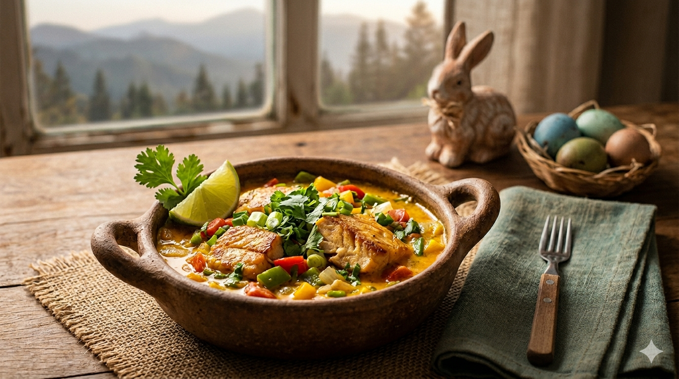 Fotografia gastronômica em close de uma Moquequinha de Truta Serrana servida em uma panela de barro tradicional sobre uma mesa de madeira rústica. O prato é decorado com fatias de limão e coentro fresco. Ao fundo, uma janela com vista para as montanhas da Serra da Mantiqueira e elementos decorativos de Páscoa, como um coelho de cerâmica e um ninho com ovos coloridos, mantendo a identidade visual das receitas de Páscoa do RoteiroSJC