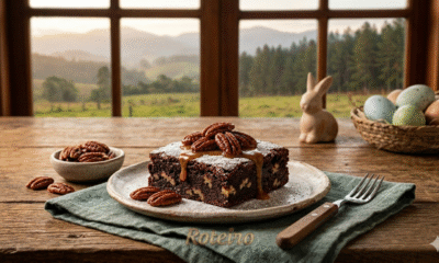 Fotografia gastronômica em close de um brownie de chocolate intenso, recheado e decorado com nozes pecan caramelizadas do Vale do Paraíba, servido em um prato de cerâmica artesanal sobre uma mesa de madeira rústica. Ao fundo, uma janela com vista para as montanhas da Serra da Mantiqueira e elementos decorativos de Páscoa, como um coelho de cerâmica e ovos coloridos, mantendo a identidade visual da série de receitas do RoteiroSJC.