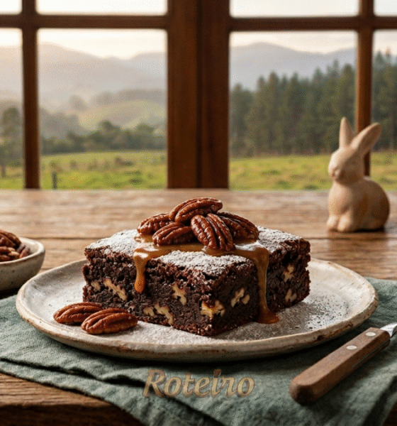 Fotografia gastronômica em close de um brownie de chocolate intenso, recheado e decorado com nozes pecan caramelizadas do Vale do Paraíba, servido em um prato de cerâmica artesanal sobre uma mesa de madeira rústica. Ao fundo, uma janela com vista para as montanhas da Serra da Mantiqueira e elementos decorativos de Páscoa, como um coelho de cerâmica e ovos coloridos, mantendo a identidade visual da série de receitas do RoteiroSJC.