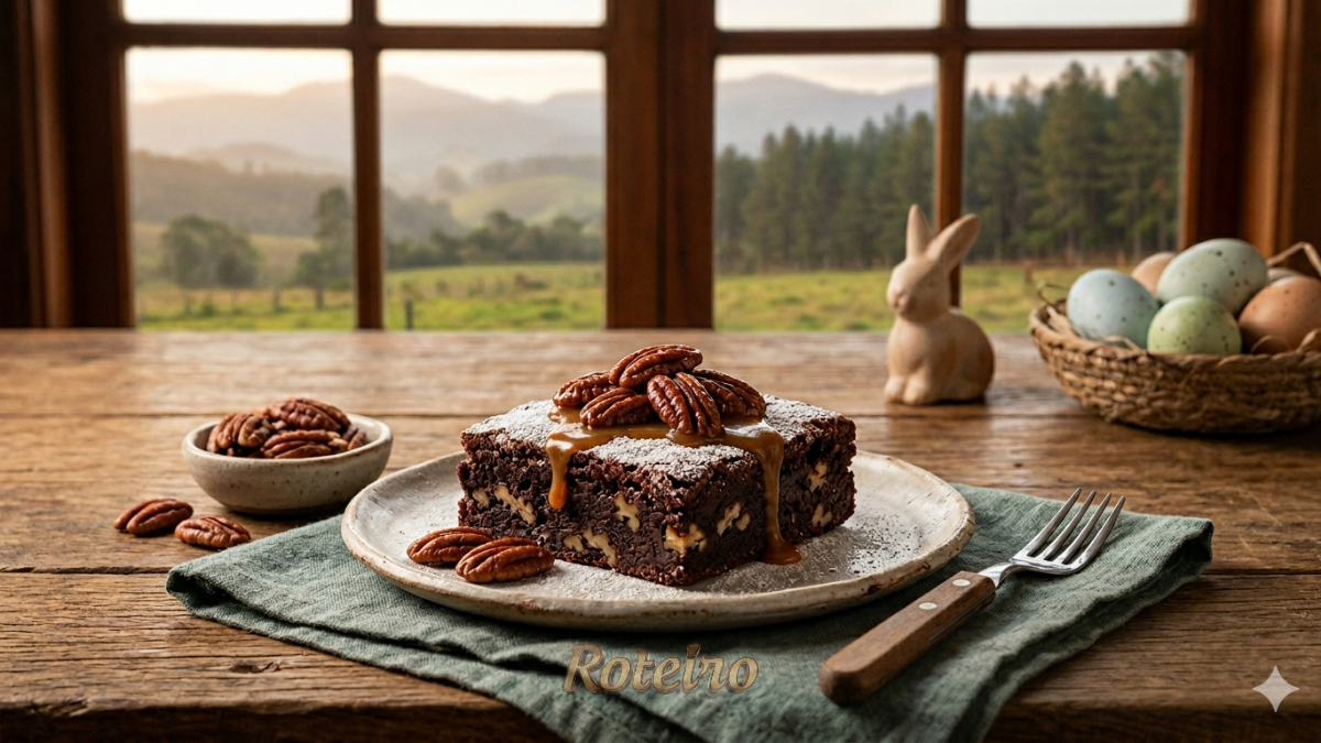Fotografia gastronômica em close de um brownie de chocolate intenso, recheado e decorado com nozes pecan caramelizadas do Vale do Paraíba, servido em um prato de cerâmica artesanal sobre uma mesa de madeira rústica. Ao fundo, uma janela com vista para as montanhas da Serra da Mantiqueira e elementos decorativos de Páscoa, como um coelho de cerâmica e ovos coloridos, mantendo a identidade visual da série de receitas do RoteiroSJC.