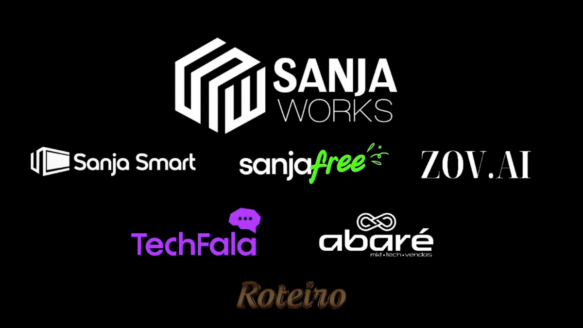 Para o texto alternativo (Alt Text), o objetivo é descrever a imagem de forma clara para que leitores de tela entendam o que está sendo visto, mantendo a relevância para o SEO.

Como a imagem contém vários logotipos, você deve listar as empresas de forma organizada. Aqui está a melhor sugestão:

Opção 1: Direta e Informativa (Recomendada para SEO)
"Logotipos das empresas que compõem o ecossistema Sanja Works: Sanja Smart, Sanja Trade, Sanja Free, Zove, Techfala, Abaré e Do Rolê, organizados em uma composição visual.