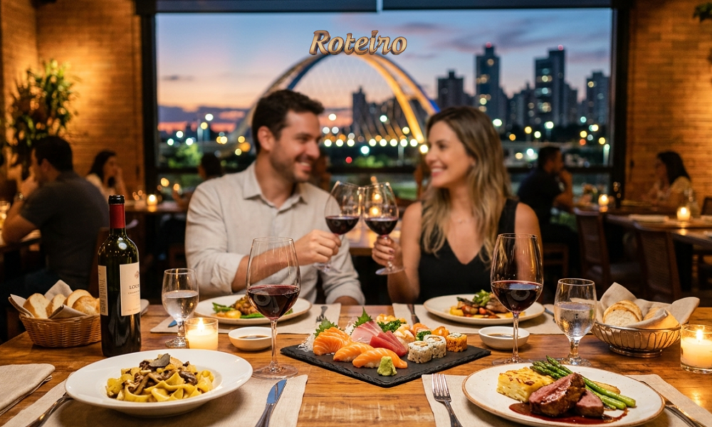 A imagem captura um casal em um jantar romântico em um restaurante sofisticado. Eles estão sentados a uma mesa rústica de madeira, com o pôr do sol e uma ponte estaiada ao fundo. A mesa está repleta de pratos apetitosos, incluindo massas, sushi e carnes. O ambiente é acolhedor e aconchegante, com luz de velas e plantas penduradas nas paredes de tijolos expostos. A atmosfera é de felicidade e romance.