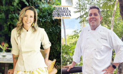 Chefs Anouk Migotto e Lucas Figueiredo sorrindo lado a lado com a logomarca do 3º Festival Gastronômico Folha Sabores da Praia em Ilhabela.