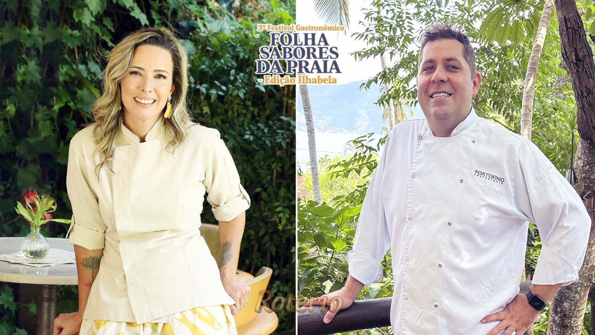 Chefs Anouk Migotto e Lucas Figueiredo sorrindo lado a lado com a logomarca do 3º Festival Gastronômico Folha Sabores da Praia em Ilhabela.