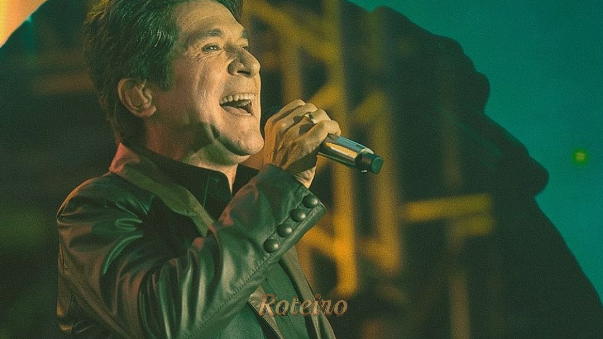 Cantor Daniel com uma jaqueta de couro preta, cantando em um dos shows e se preparando para o Caçapava Rodeio Fest 2026