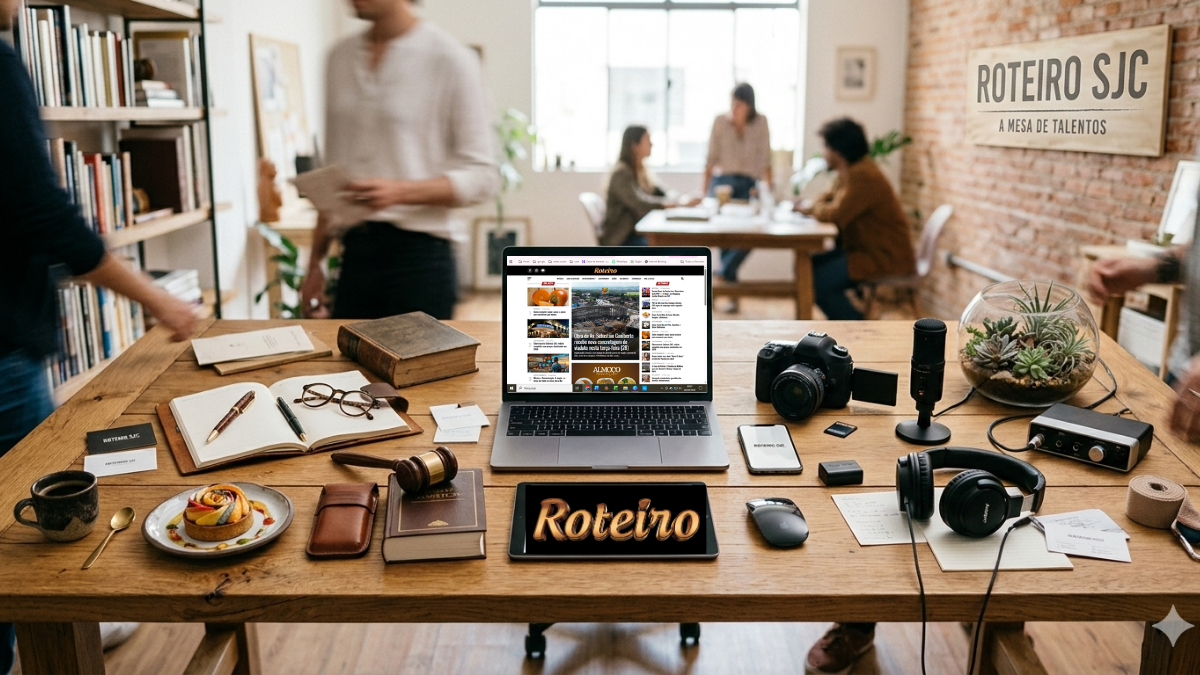 Visão superior de uma mesa de madeira organizada com diversos objetos profissionais representando colunistas: um notebook exibindo o portal Roteiro SJC, uma sobremesa gourmet (gastronomia), um martelo de juiz (direito), câmera fotográfica e microfone (comunicação), fones de ouvido e tablet. Ao fundo, um ambiente de escritório moderno e pessoas desfocadas em colaboração.